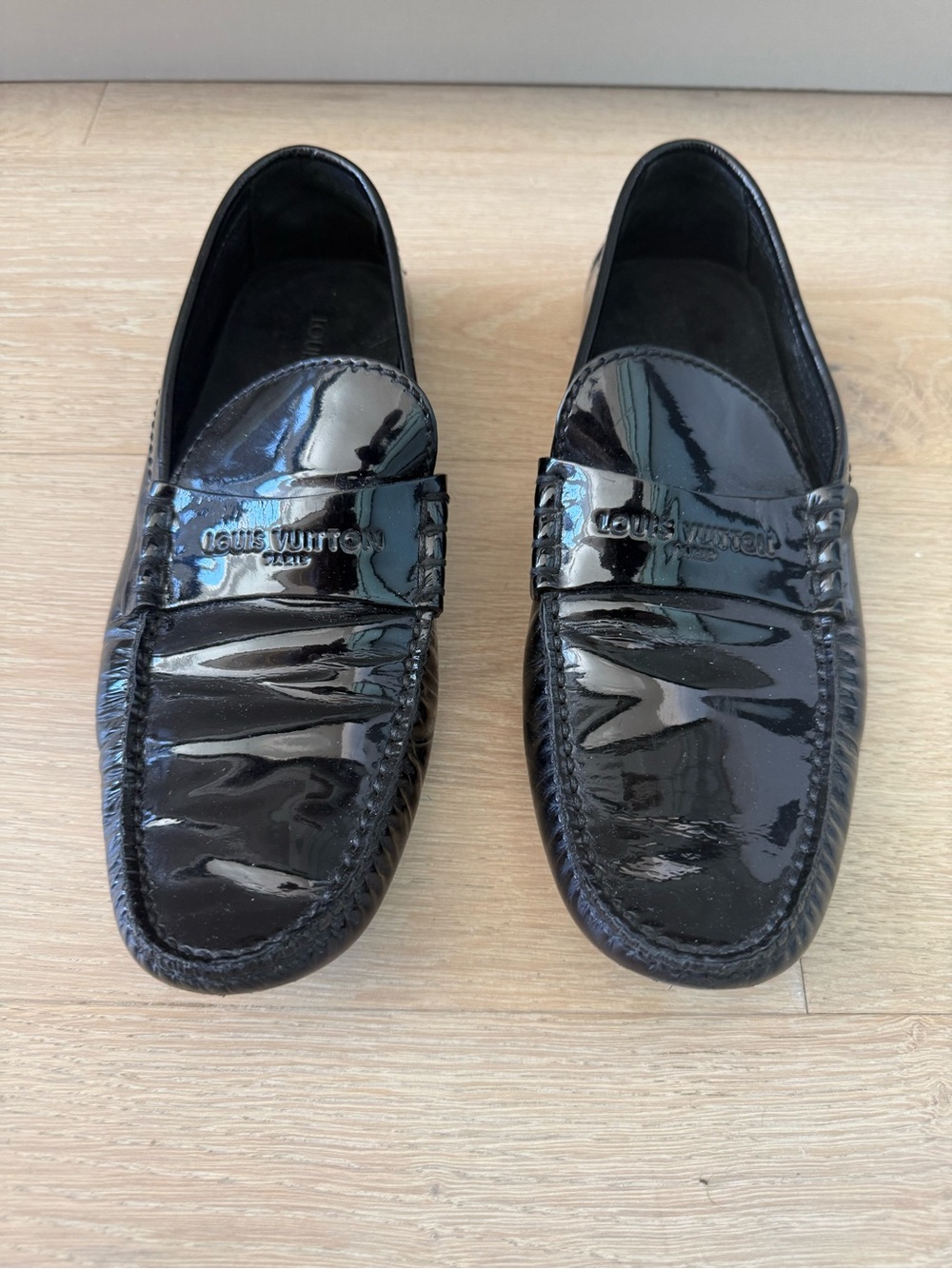Louis Vuitton Black Patent Leather Penny Loafers with Branded Strap